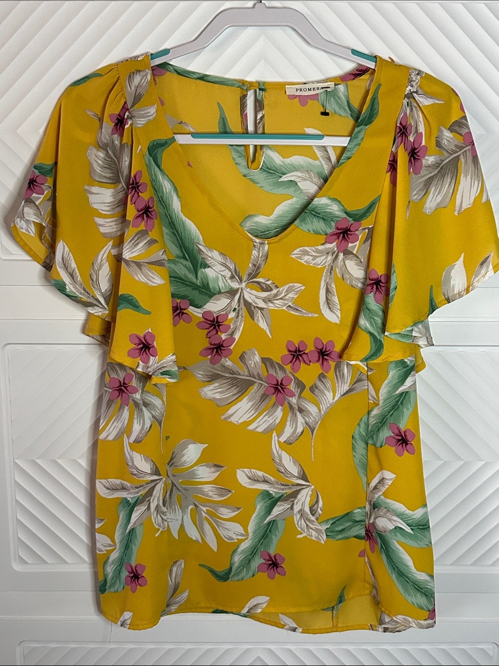 Promesa Yellow Floral Top with Pink and Green Accents